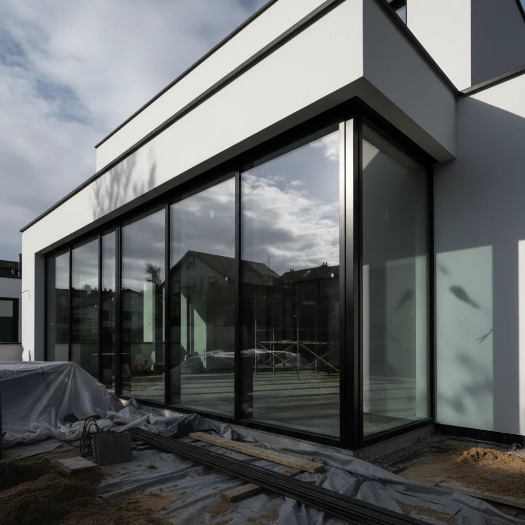 Extension contemporaine de villa avec terrasse bois et baies vitrées